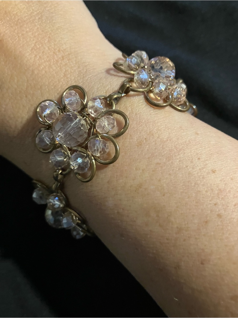 Artisan Brass Wire Wrapped Floral Crystal Link Bracelet Toggle Unsigned